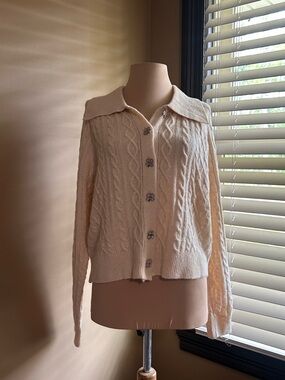 THML Cream Cable Knit Collared Clover Button Cardigan